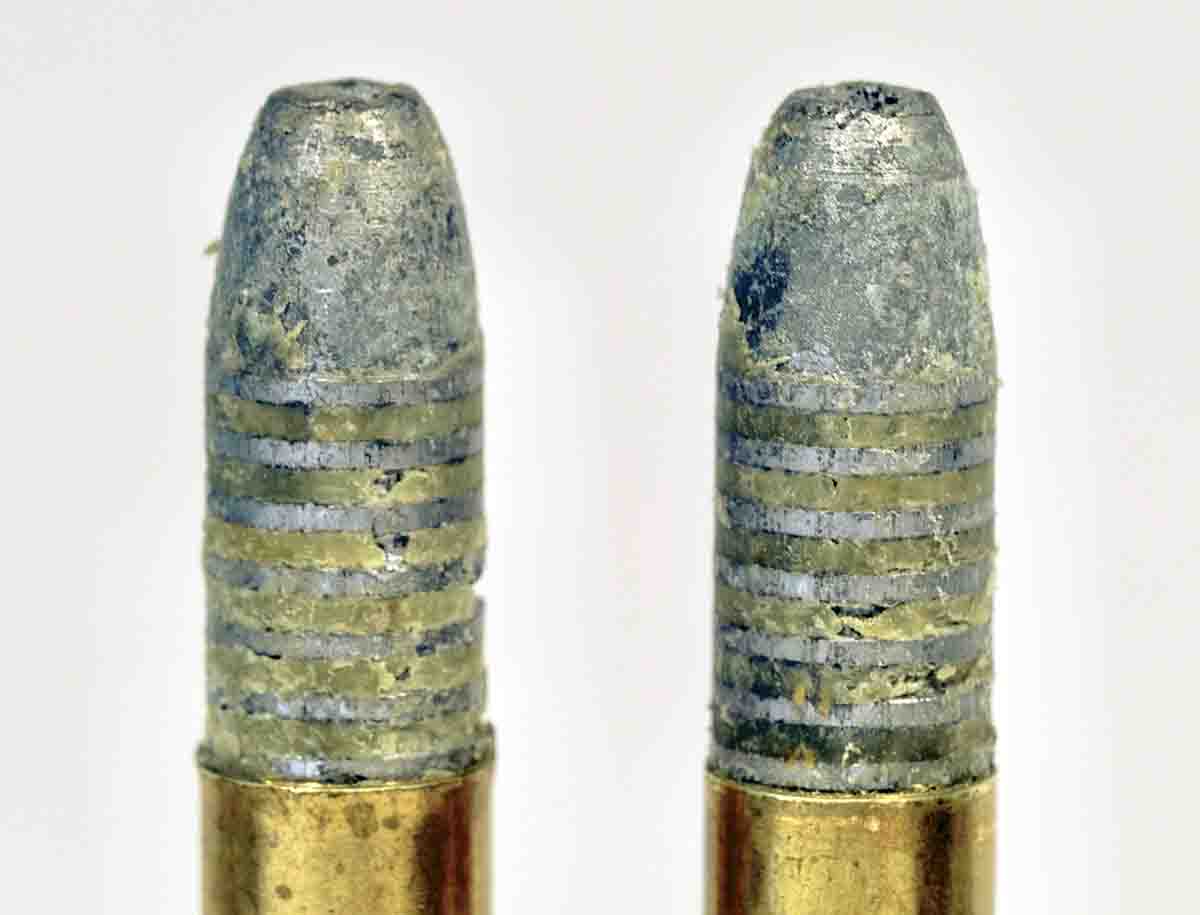 To shoot in the old target fashion, bullets are loaded well out of the case. As the action closes, the bullet comes in contact with the rifling, seating it more deeply. Cases should be very slightly belled (left) then the case gently straightened but not crimped. This allows the case to chamber properly and the bullet to seat more deeply without scraping the lead off.